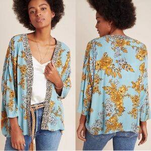 Anthropologie Zoe Kimono Cardigan Blue Mustard Floral Leopard Trim Boho O/S